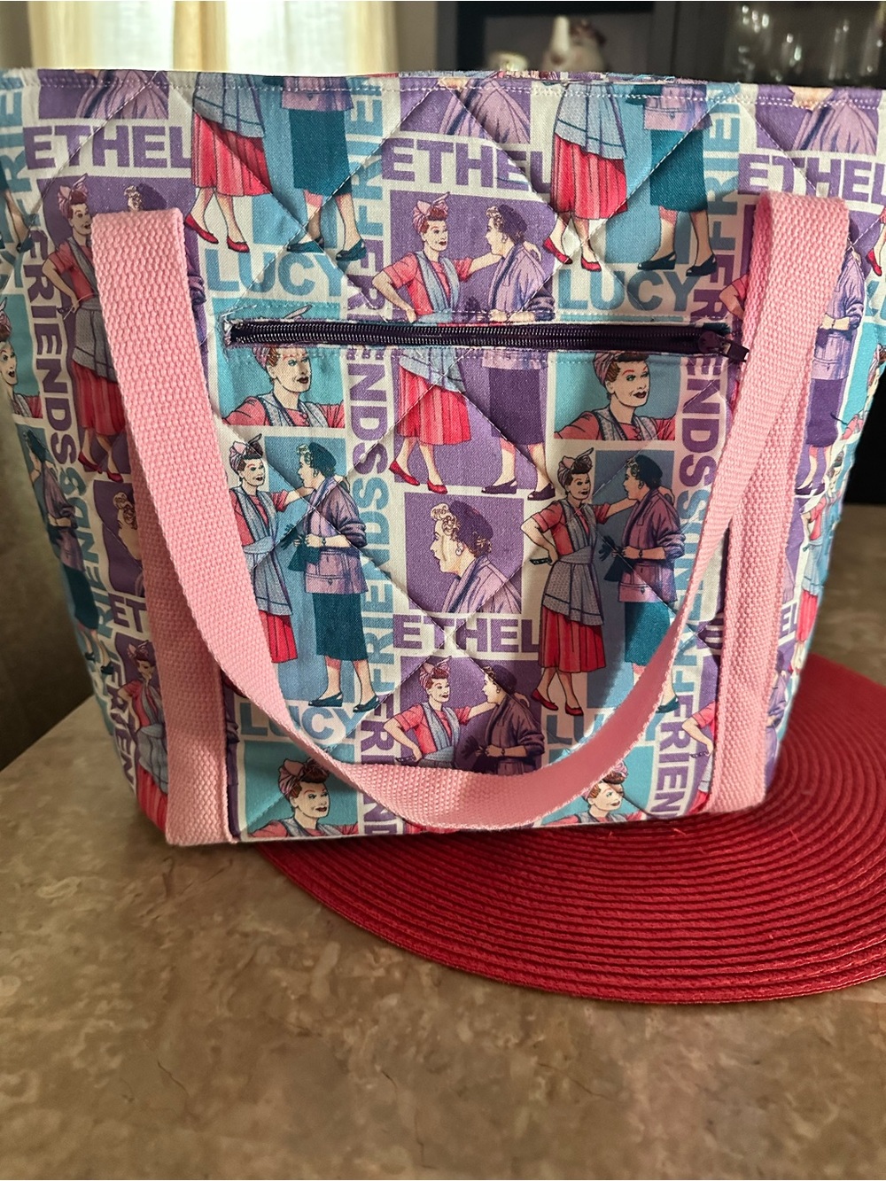 Pink Vintage Comic-Print Tote Bag with Front Zip Pocket